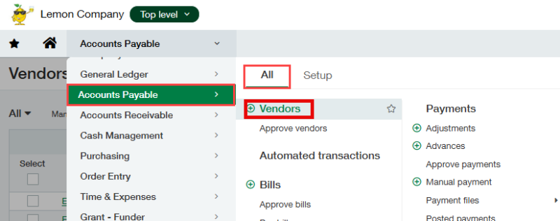 Accounts Payable > All Tab > Vendors