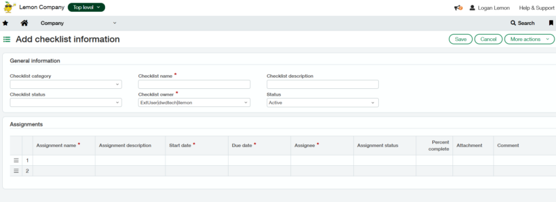 Add Checklist Information Screen