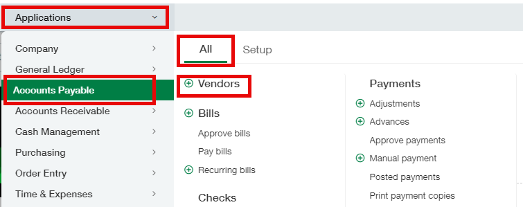 Applications > Accounts Payable > All > Vendors