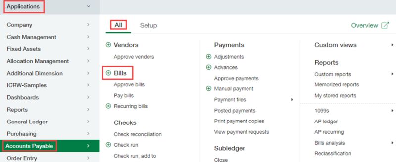 Applications > Accounts Payable > Bills