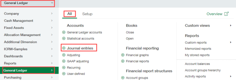 Applications > General Ledger > Journal Entries
