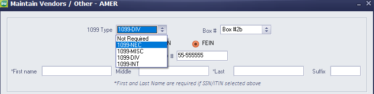 Maintain Vendors - Other - AMER window - 1099 type drop-down selection