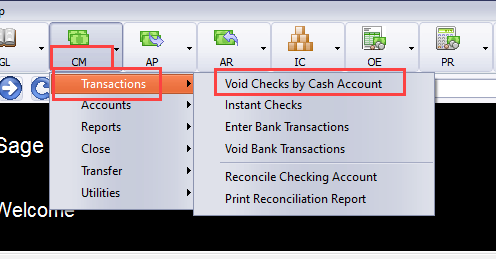 CM - Transactions - Void Checks by Cash account