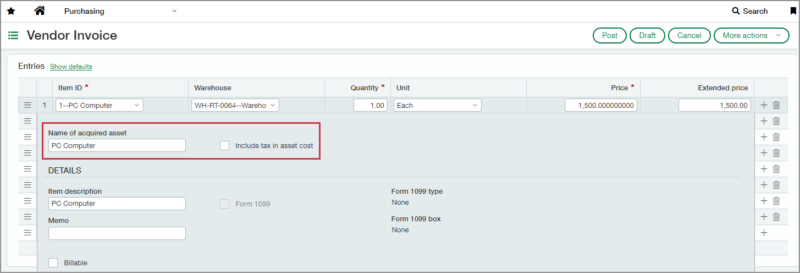 Create assets in Sage Intacct from purchasing transactions