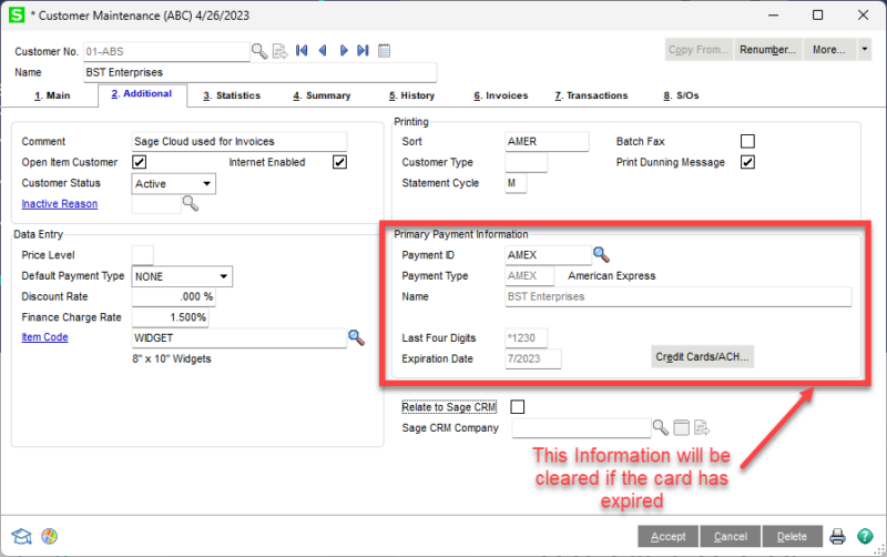 Customer Maintenance - Primary Payment Information