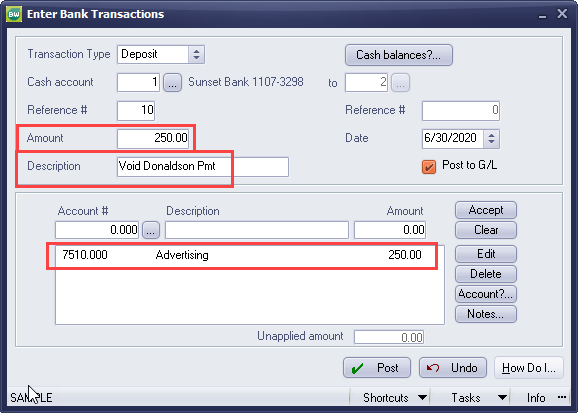 Enter Bank Transactions Screen - General Ledger