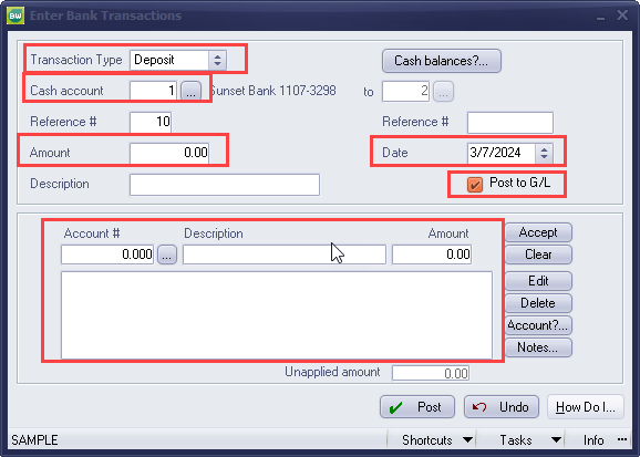 Enter Bank Transactions Screen