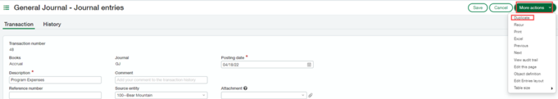 General Journal - Journal entries > More actions > Duplicate