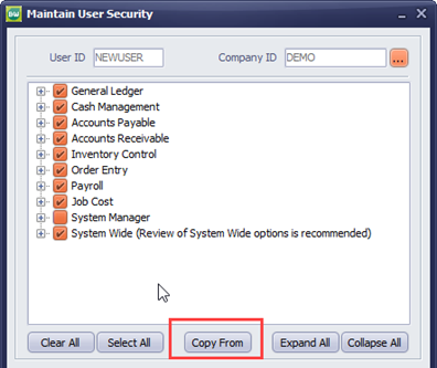 Maintain User Security Window - Copy From button