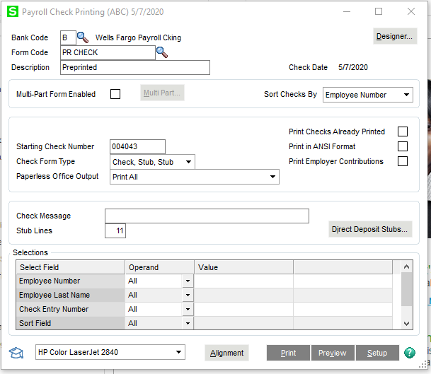 Payroll > Main > Check Printing