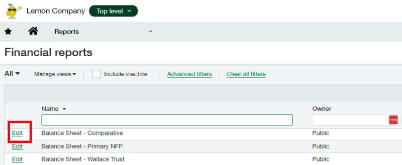 Reports Center or Financial Reports > Edit