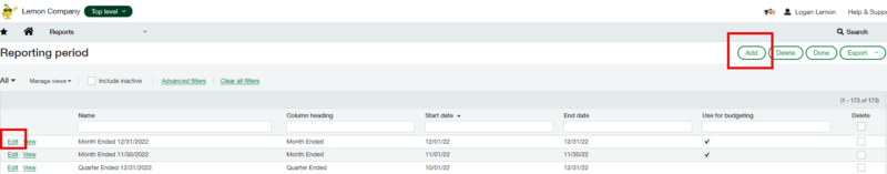 Reporting periods > Add or Edit