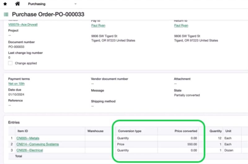 Sage Intacct Purchase Order Price Conversion