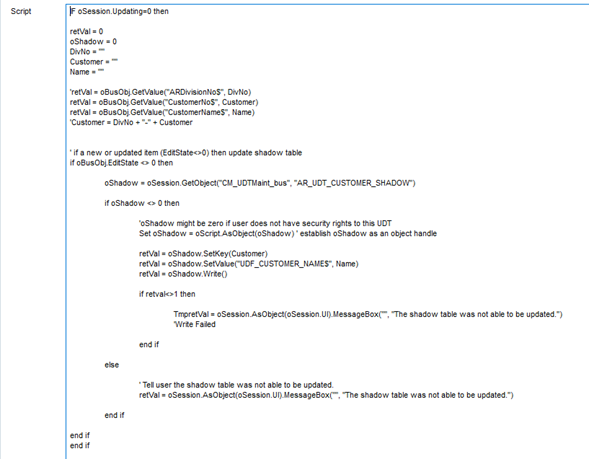 Table – Post Write - UpdateCustomerShadow Script